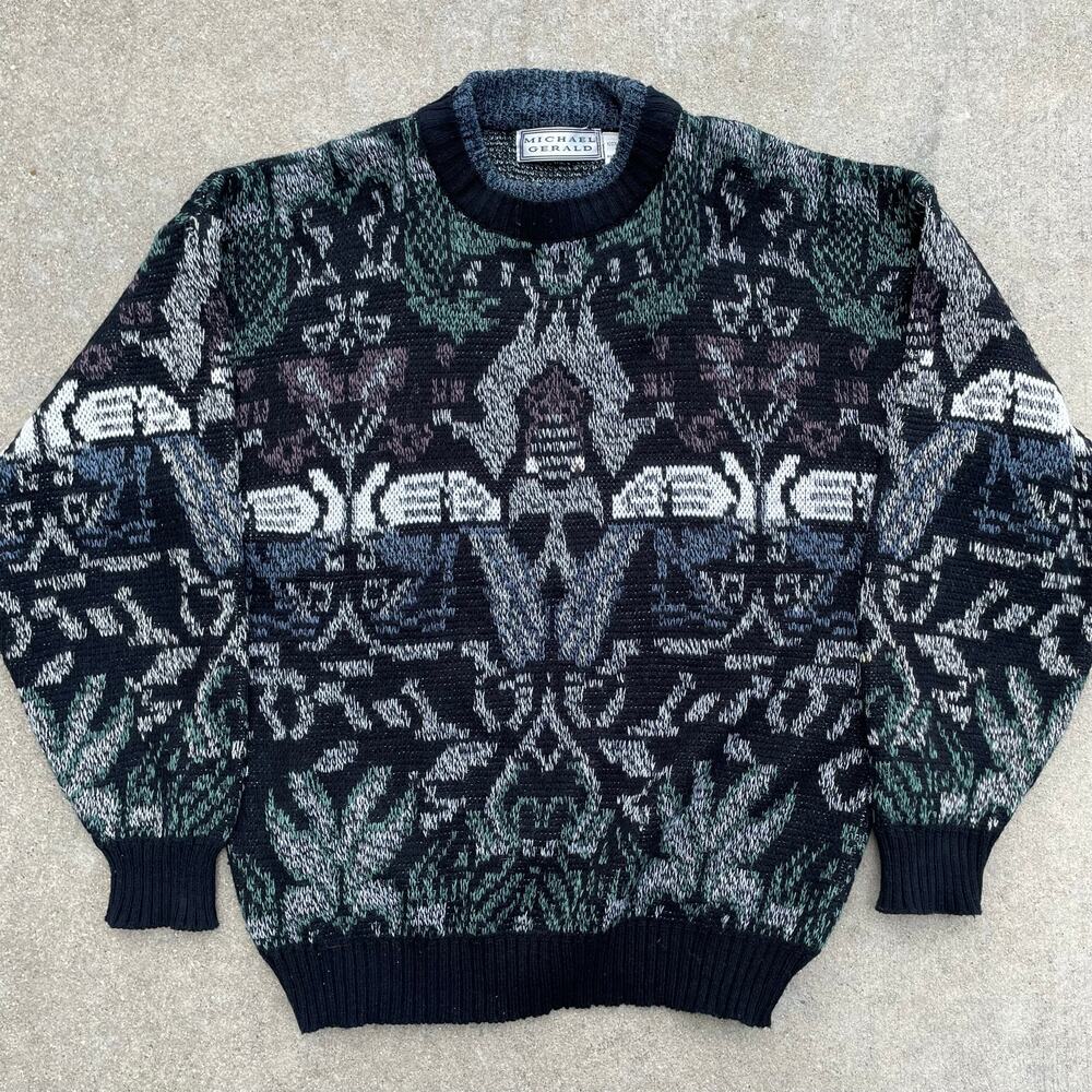 Vintage Michael Gerald Mens L Knit Sweater 90s Coogi Style Abstract Pattern
